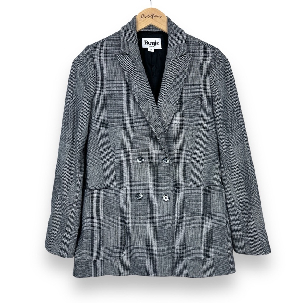 Rouje Houndstooth Wool Blazer JacketEUC Quiet Luxury Timeless Luxe Black Grey